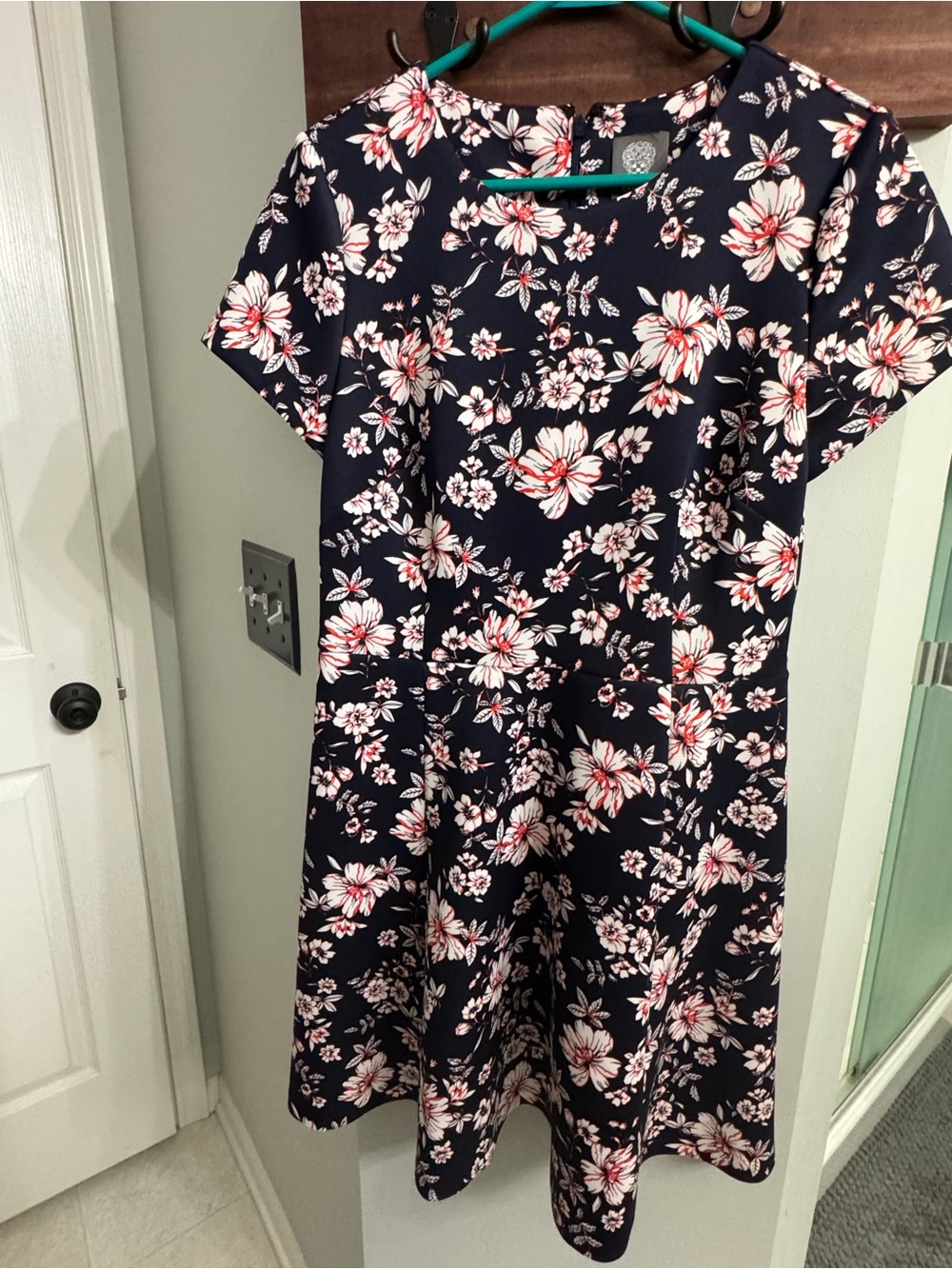 Vince Camuto Floral Fit-and-Flare Dress in Navy and White with Coral Accents